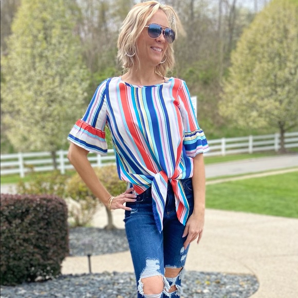 Tops - LAST! Beach striped front tie top